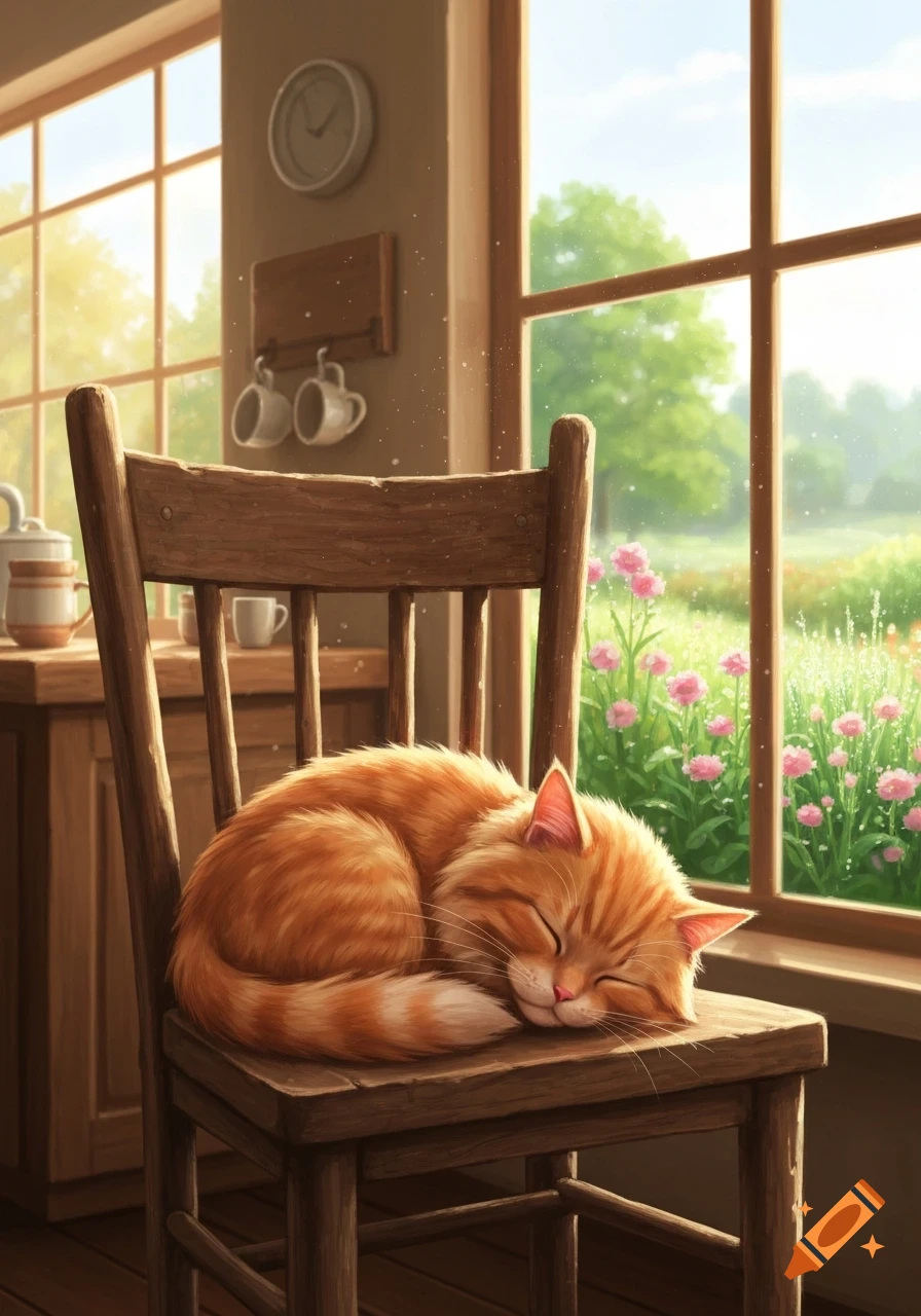 An orange tabby cat sleeps curled up on a wooden chair bathed in sunlight, beside a window overlooking a vibrant green garden with pink flowers.