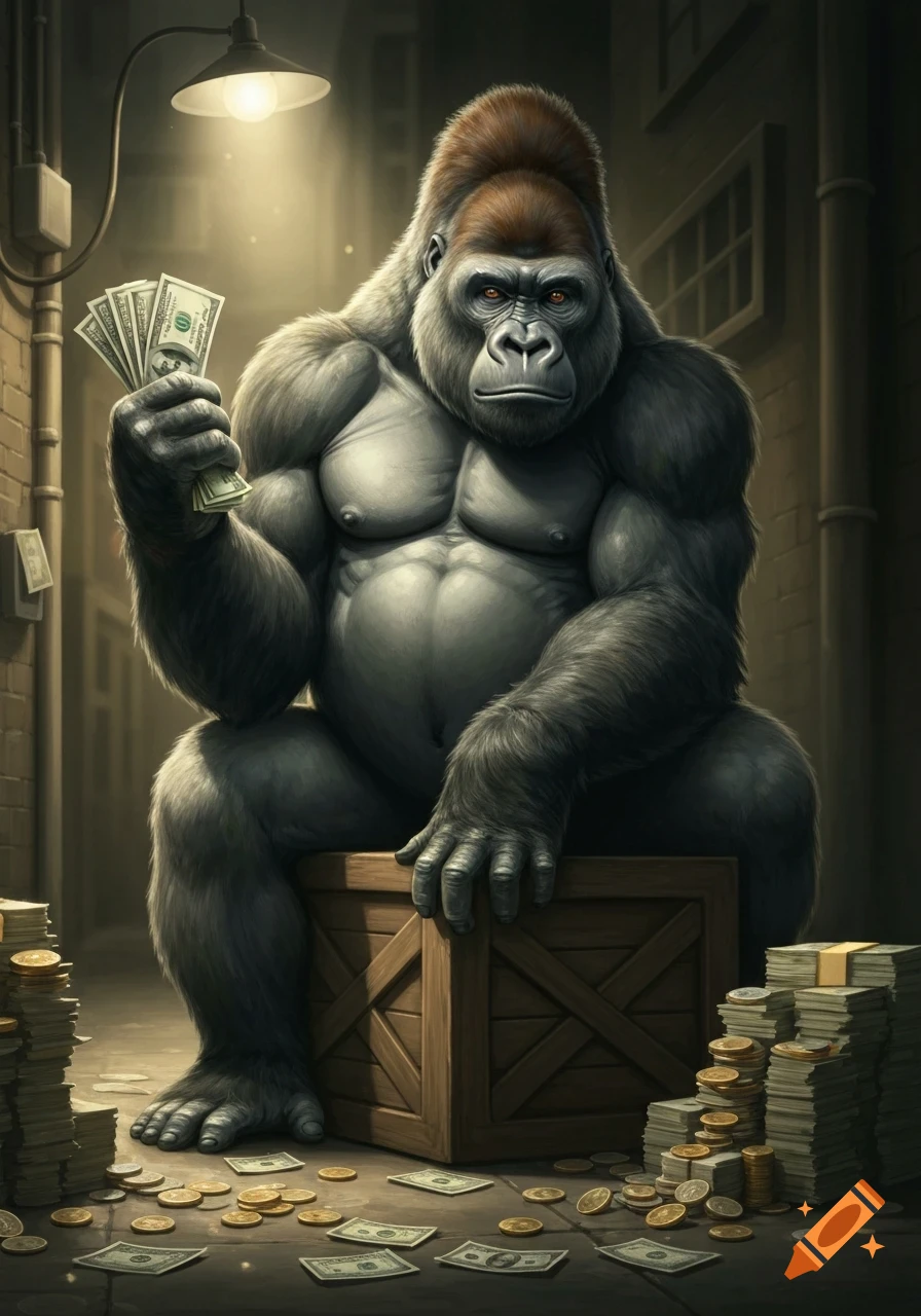 A muscular gorilla with red eyes sits on a wooden crate in a dark alley, holding a fan of dollar bills while surrounded by stacks of cash and coins.