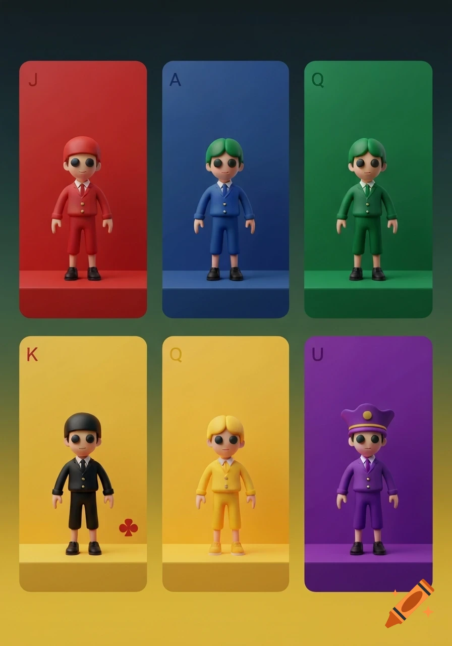 Six stylized 3D characters, each on a colorful playing card. The cards are red (J), blue (A), green (Q), yellow (K), yellow (Q), and purple (U), arranged in two rows of three.