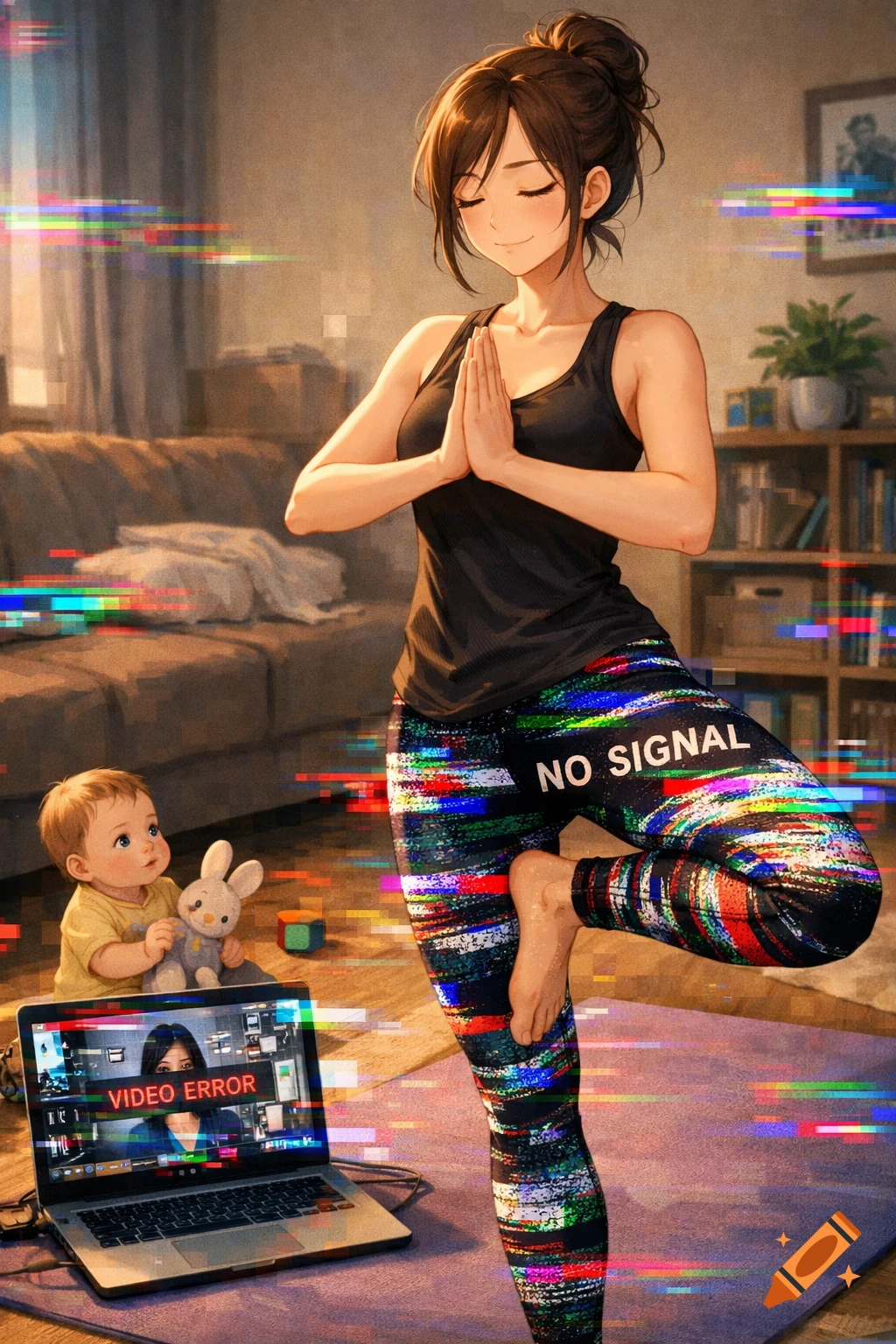 An anime woman in glitch-effect leggings with 'NO SIGNAL' text does yoga while a baby watches a laptop showing 'VIDEO ERROR' amidst static.