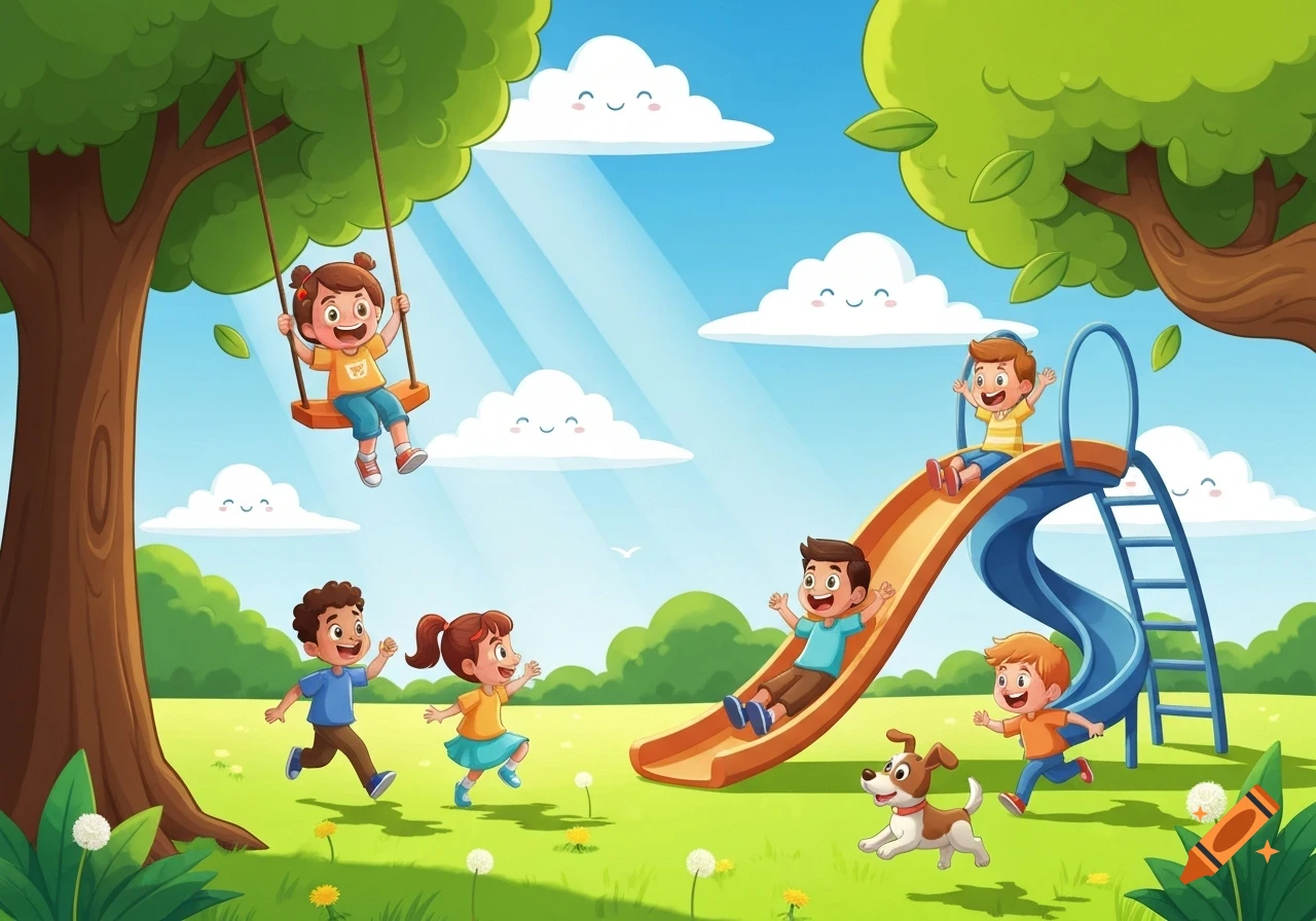 Cartoon children playing in a sunny park with a swing, slide, and a dog on a bright day.
