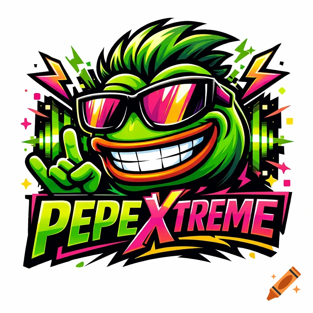 Vibrant cartoon logo of a green frog (Pepe) with sunglasses, smiling and making a rock-on gesture, with 'PEPEXTREME' text.