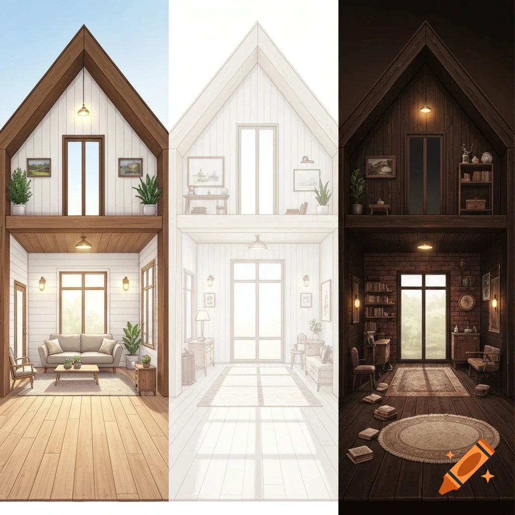 A vertical split image showing three interior styles of a two-story cabin: modern cozy, Scandinavian minimal, and vintage rustic.