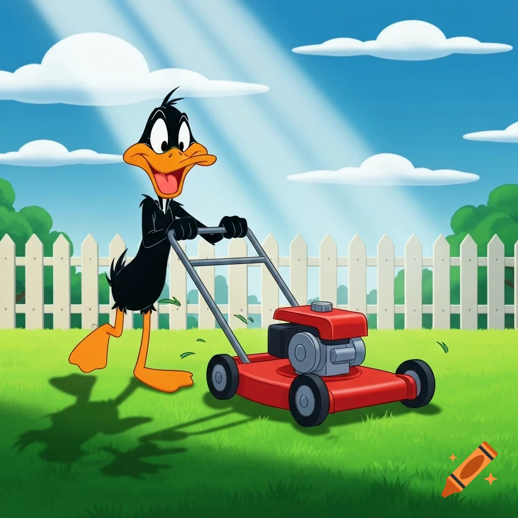 Daffy Duck pushes a red lawnmower across a green lawn in front of a white picket fence under a blue sky, in a classic 2D cartoon style.