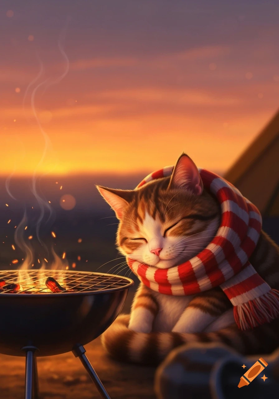 Cute tabby cat in a red and white striped scarf sleeping peacefully beside a glowing BBQ grill at sunset, with an orange sky.