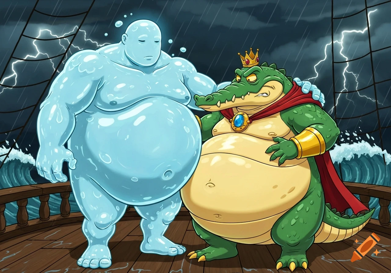 A cartoon of a translucent water creature comforting an anthropomorphic crocodile king on a stormy pirate ship.