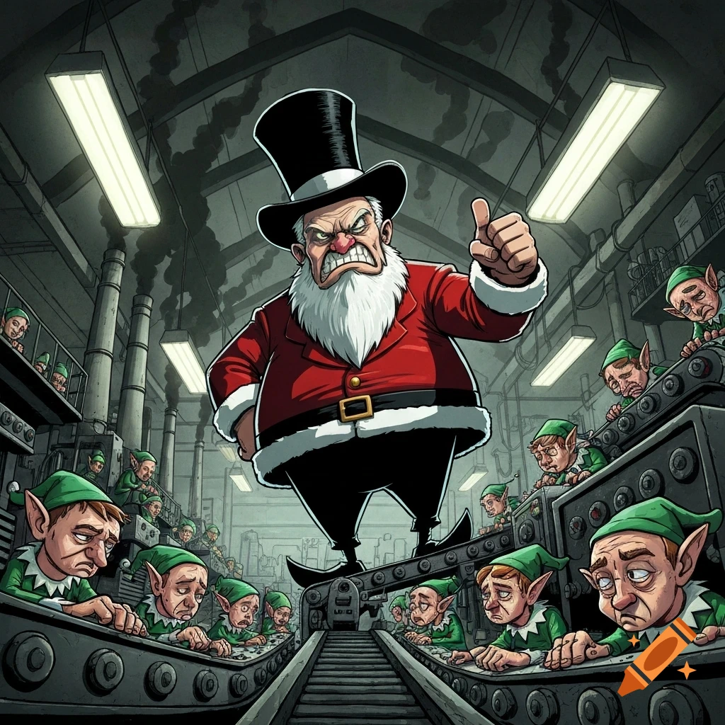 Cartoon of a mean, top-hat wearing Santa boss overseeing tired elves on a factory production line.