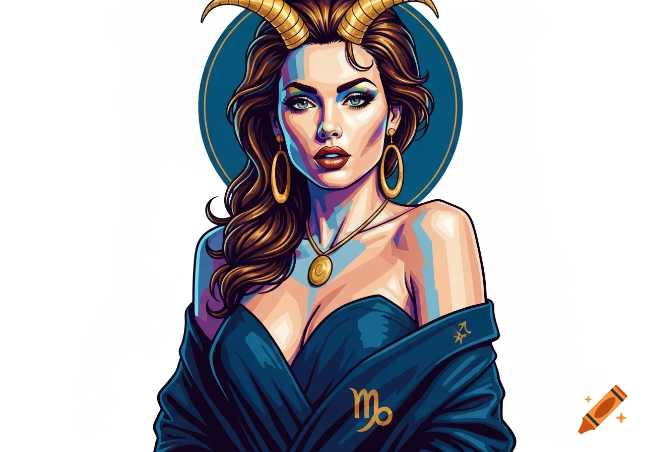 A pop art illustration of a woman with golden ram horns, brown hair, and striking blue eyes, wearing a dark blue dress, with a Capricorn symbol on her chest and a Sagittarius symbol on her shoulder. She has a blue circle behind her head.