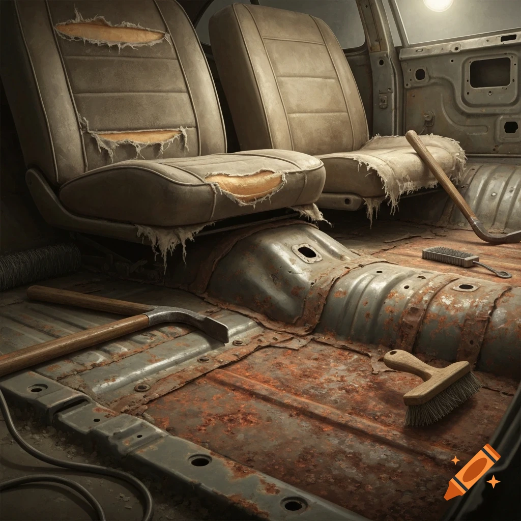 A close-up of the rusty metal floor panels inside an old car, with torn seats and various tools scattered around.