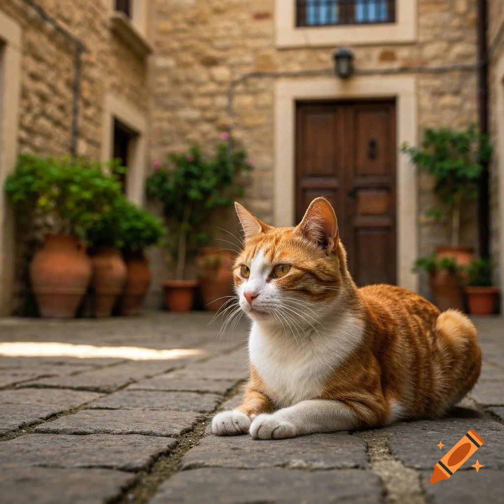A realistic orange and white cat lies on a stone path in a sunny ...