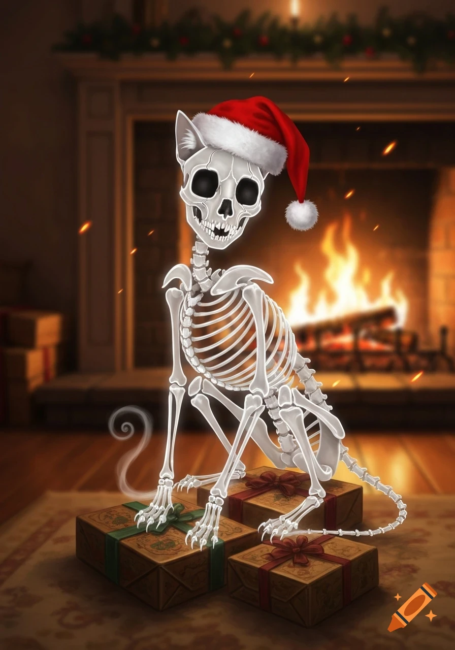 A stylized skeleton cat wearing a red Santa hat sits on wrapped Christmas gifts in front of a warm fireplace.