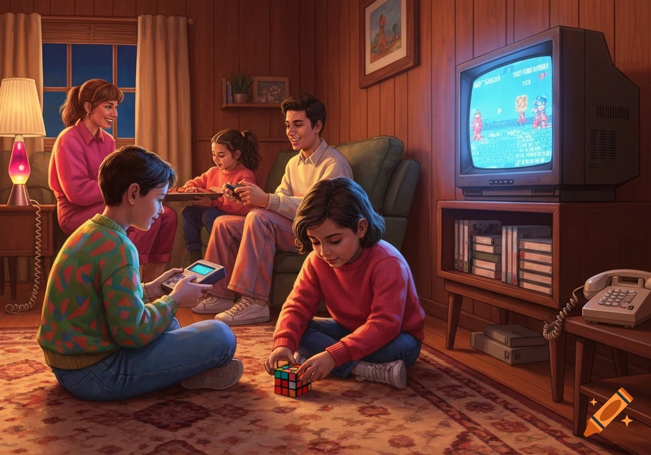 A family in a 1980s-style living room, with a mother and father figure watching, a boy playing a handheld game, a girl playing a video game on a CRT TV, and another girl solving a Rubik's Cube on the rug.