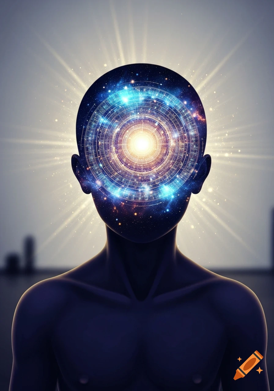 Silhouette of a person with a cosmic galaxy as a head, emitting bright light rays.