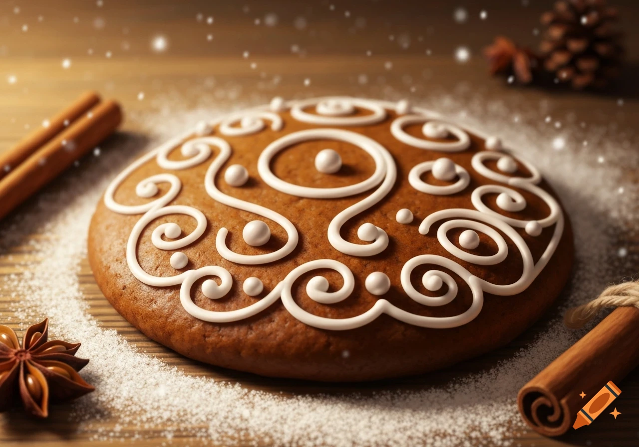 A round gingerbread cookie with white icing swirls and pearls, dusted with powdered sugar, surrounded by cinnamon sticks, star anise, and falling snow on a wooden surface.