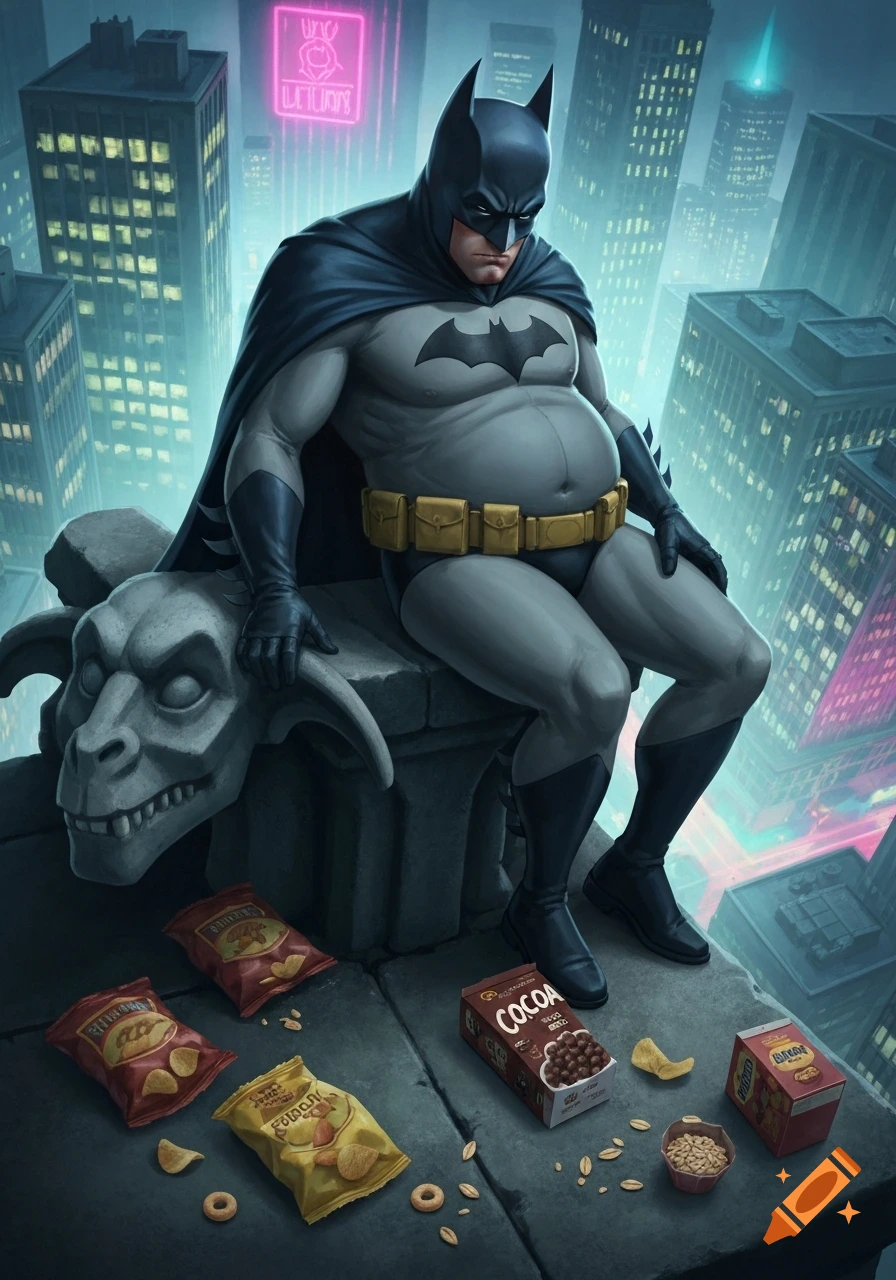 An overweight Batman in his suit sits on a gargoyle, surrounded by open bags of chips and cereal boxes, overlooking a neon-lit city.