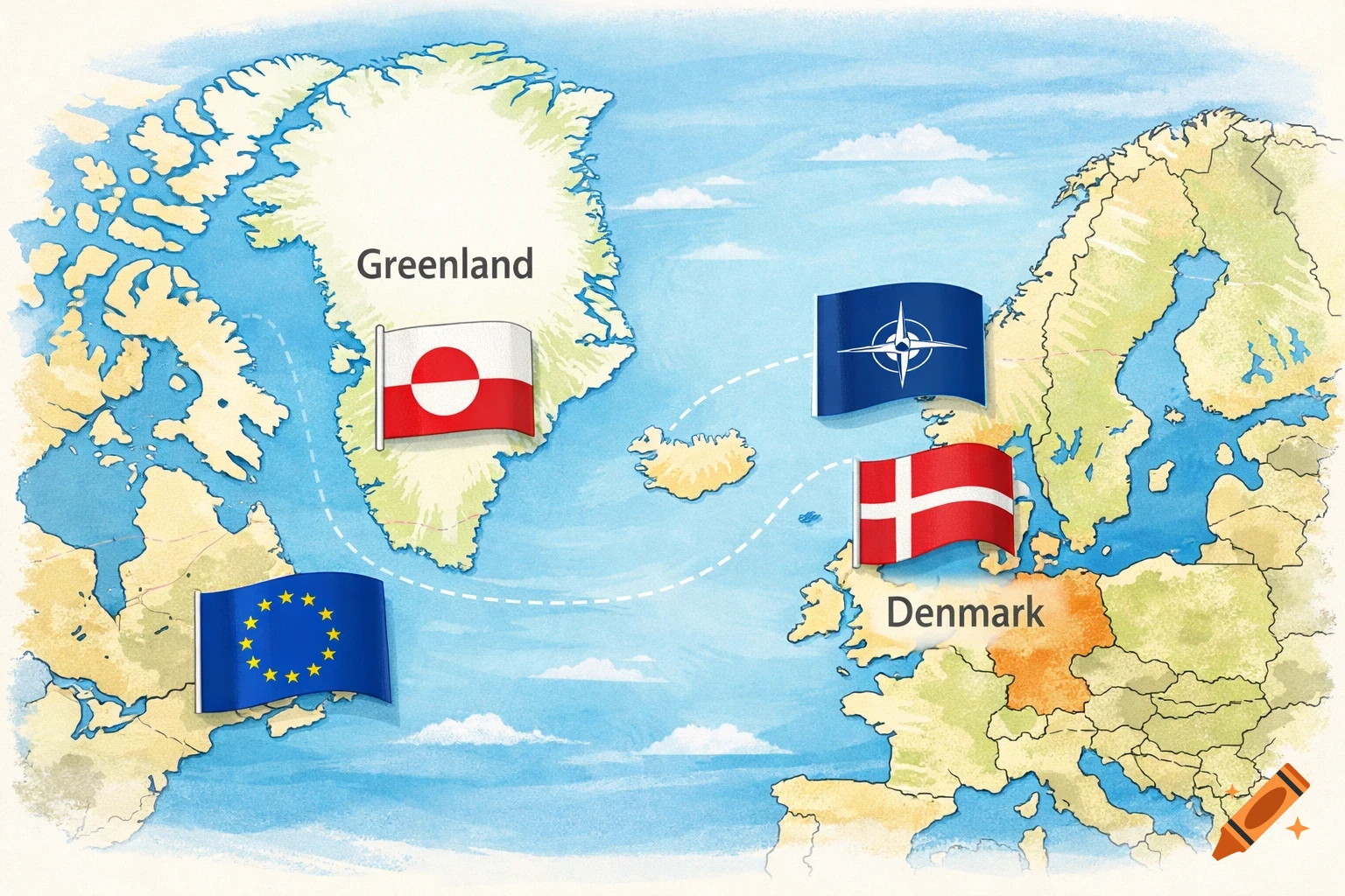 Watercolor map showing Greenland and Denmark with their flags, plus EU and NATO flags.