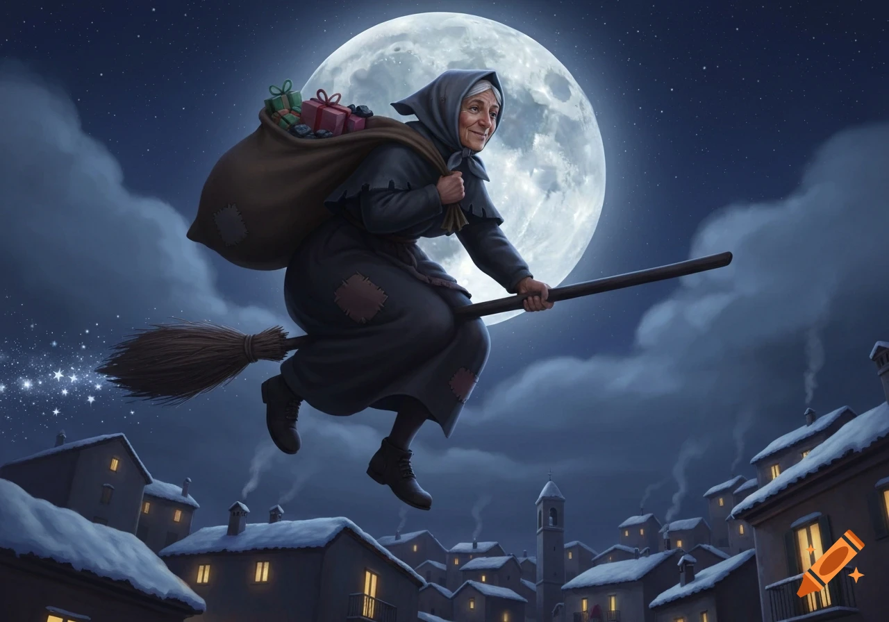 Befana, an old woman on a broomstick, flies over a snowy village at night, carrying a sack of gifts under a full moon.