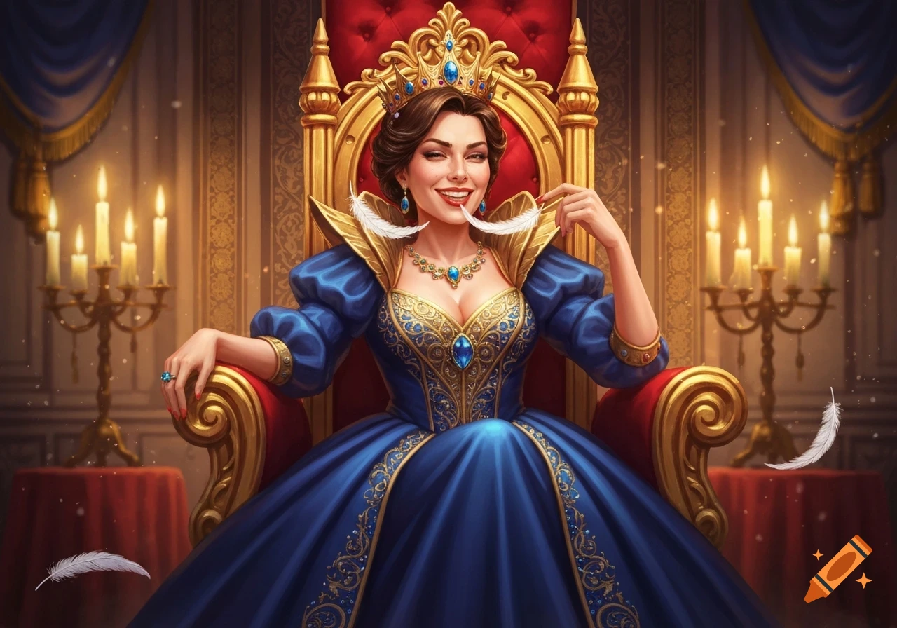 A smiling queen in a blue and gold gown sits on a red throne, playfully holding white feathers.