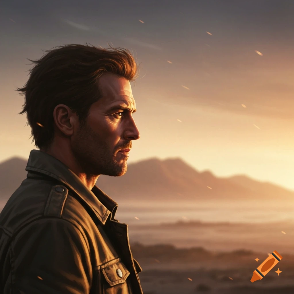 Profile of a man with a beard looking out over a misty mountain landscape at sunset, wearing a jacket.
