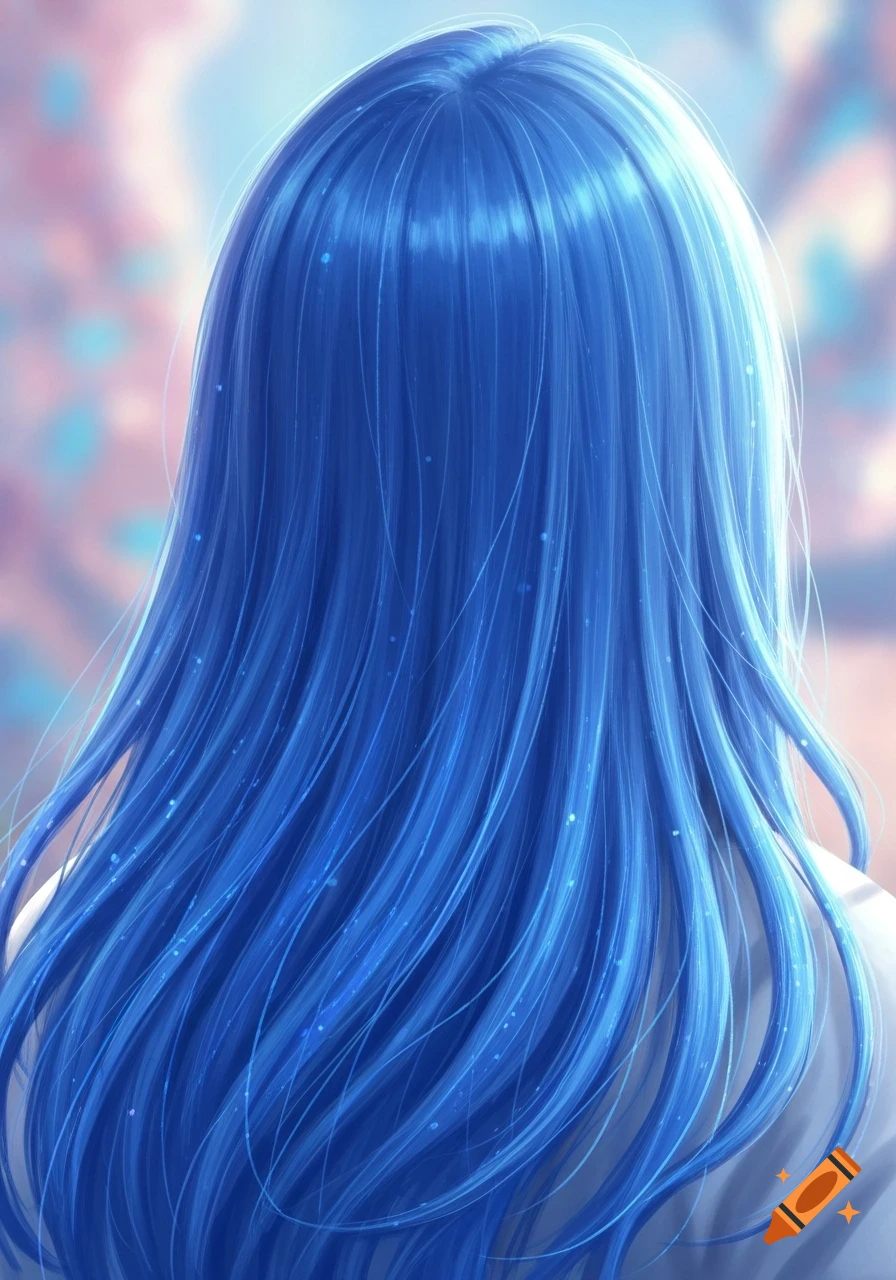 Anime-style illustration from behind of a person with long, flowing blue hair, with light shining through the strands.