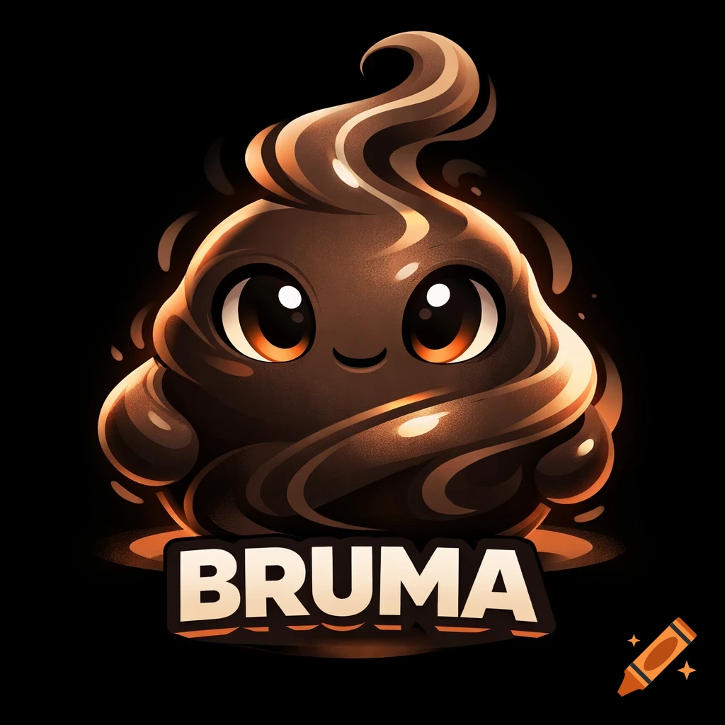 A cute, brown, swirly cartoon mascot with big eyes and a tiny smile, with the word BRUMA below it, on a black background.