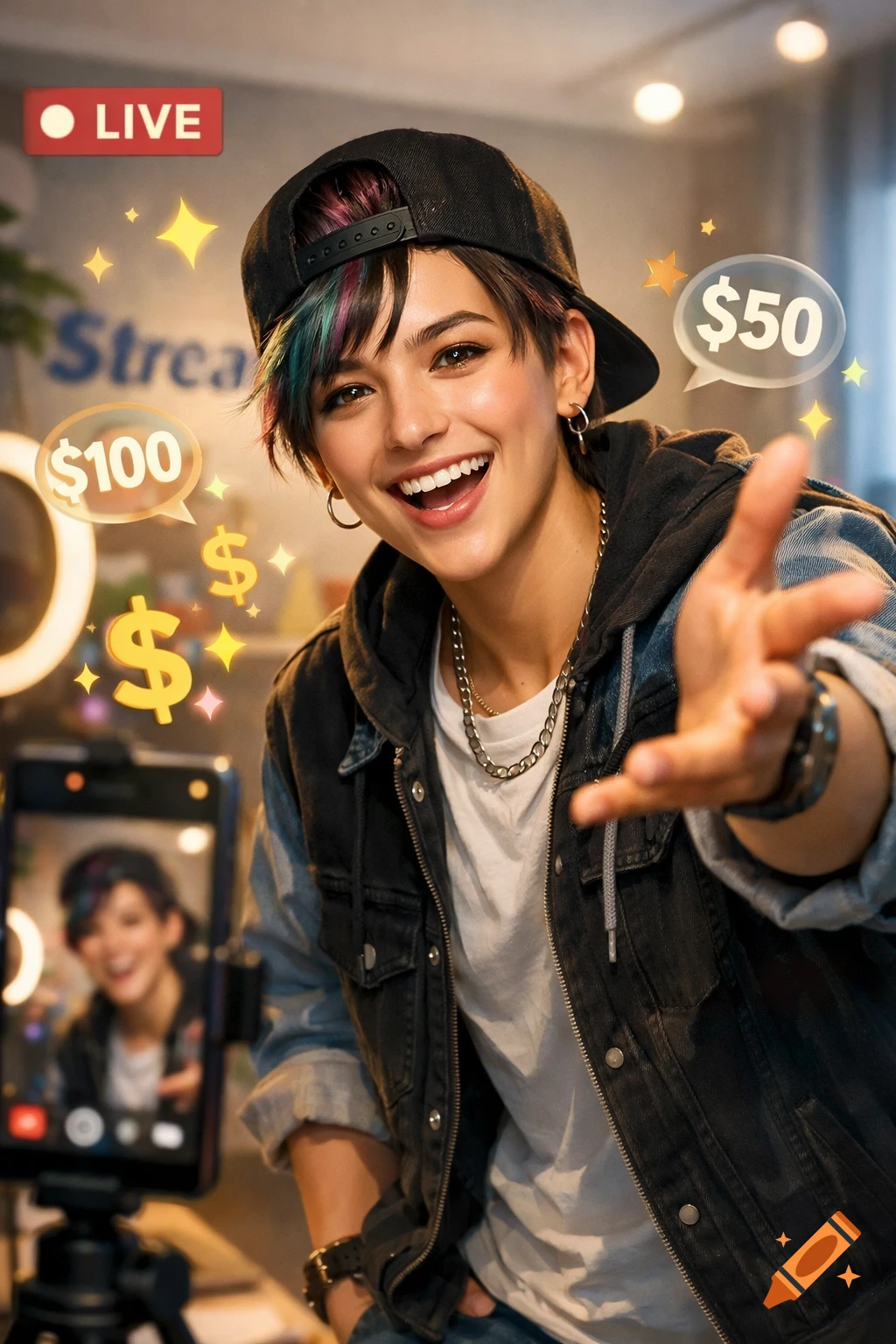 A smiling person with colorful hair and a cap live streams, reaching out, with 'LIVE', '$100', and '$50' pop-ups.