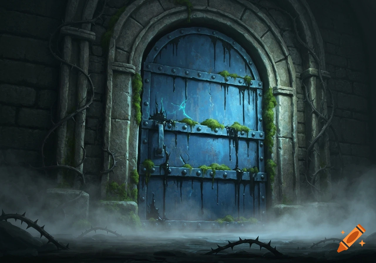 A dark, ancient blue metal door with dripping liquid, covered in moss, set in a stone archway with thorny vines and eerie fog.