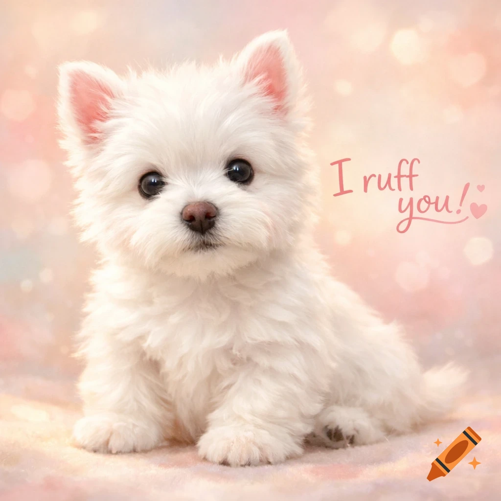 A fluffy white Westie puppy sits on a pink background with bokeh lights, next to the text "I ruff you!"