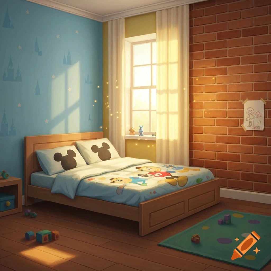 A cartoon-style child's bedroom with a wooden bed, Disney-themed bedding, blue castle-decorated wall, brick wall, and sunny window.