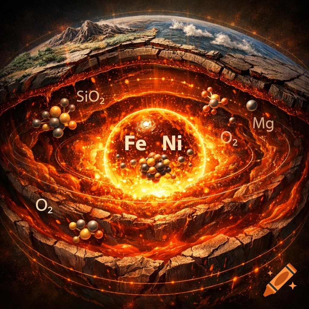 Cutaway diagram of Earth's interior with a glowing core, molten layers, crust, and chemical elements Fe, Ni, SiO2, O2, Mg.