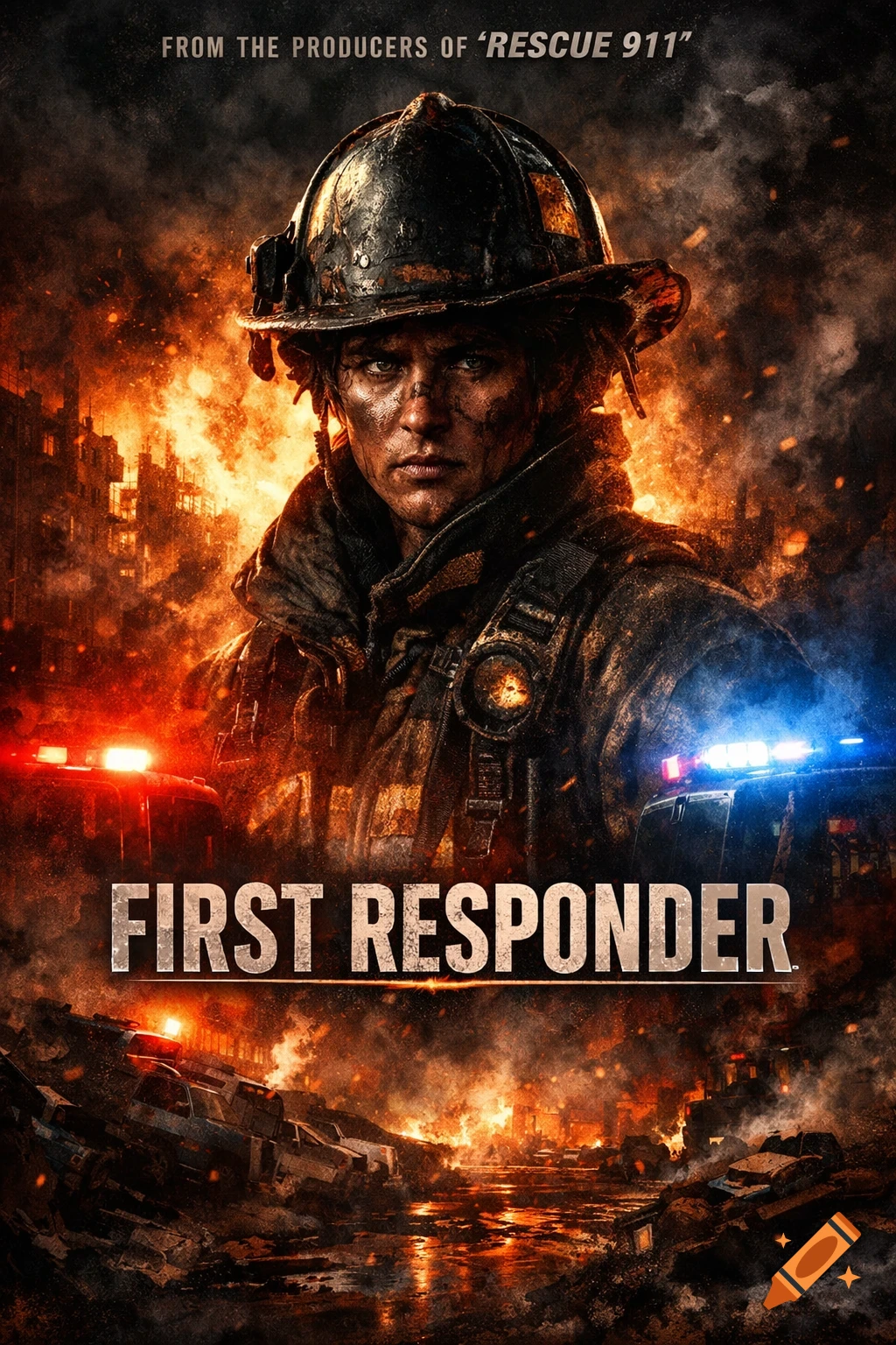 Dramatic film poster showing a dirty, serious firefighter in a helmet with fire, smoke, and destroyed buildings in the background. Text reads 'FIRST RESPONDER'.