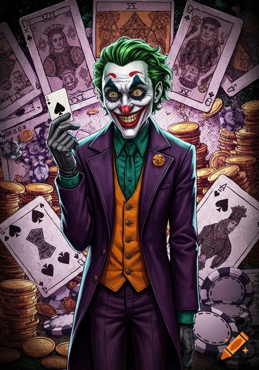 A stylized illustration of the Joker in a purple suit and green hair, holding an ace of spades. He grins maniacally amidst a background of scattered playing cards, poker chips, and gold coins.