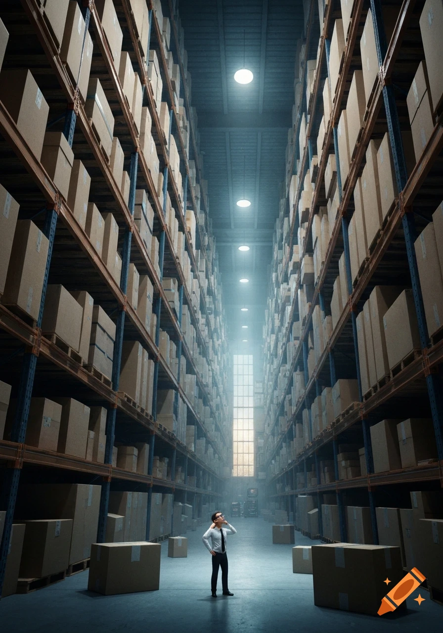 A tiny man stands dwarfed by towering shelves of cardboard boxes in a vast, dimly lit warehouse. Photorealistic.