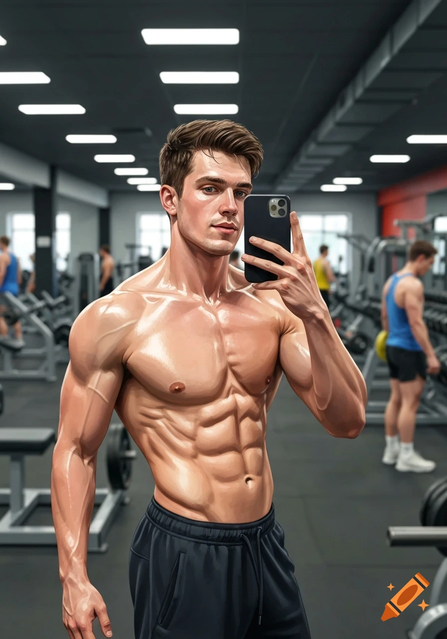 A muscular man with defined abs takes a shirtless selfie in a gym, showing his physique.