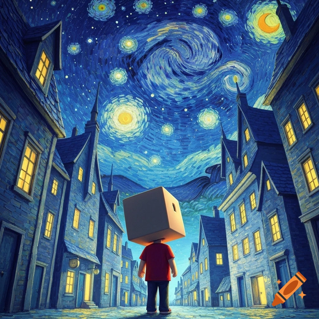 A person with a box head and red shirt looks up at a vibrant Starry Night sky in a stylized town.