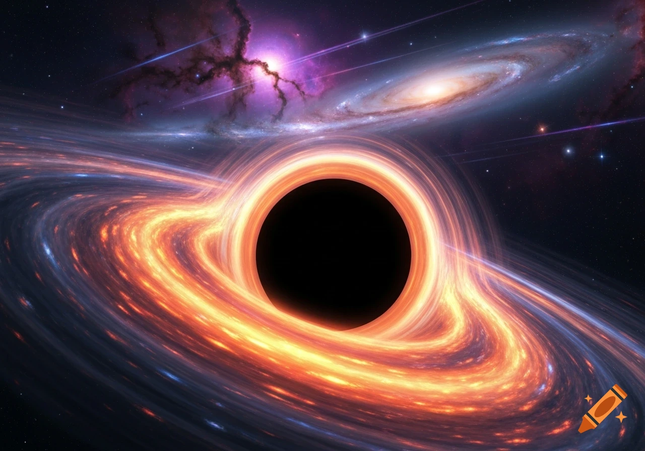 A black hole with a vibrant orange and blue accretion disk, set against a dark starry sky with distant galaxies.