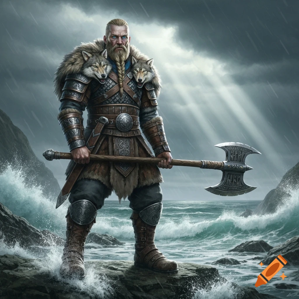 A formidable Viking warrior with a beard and wolf pelts on his shoulders stands on a rocky shore, holding a large axe in stormy weather.