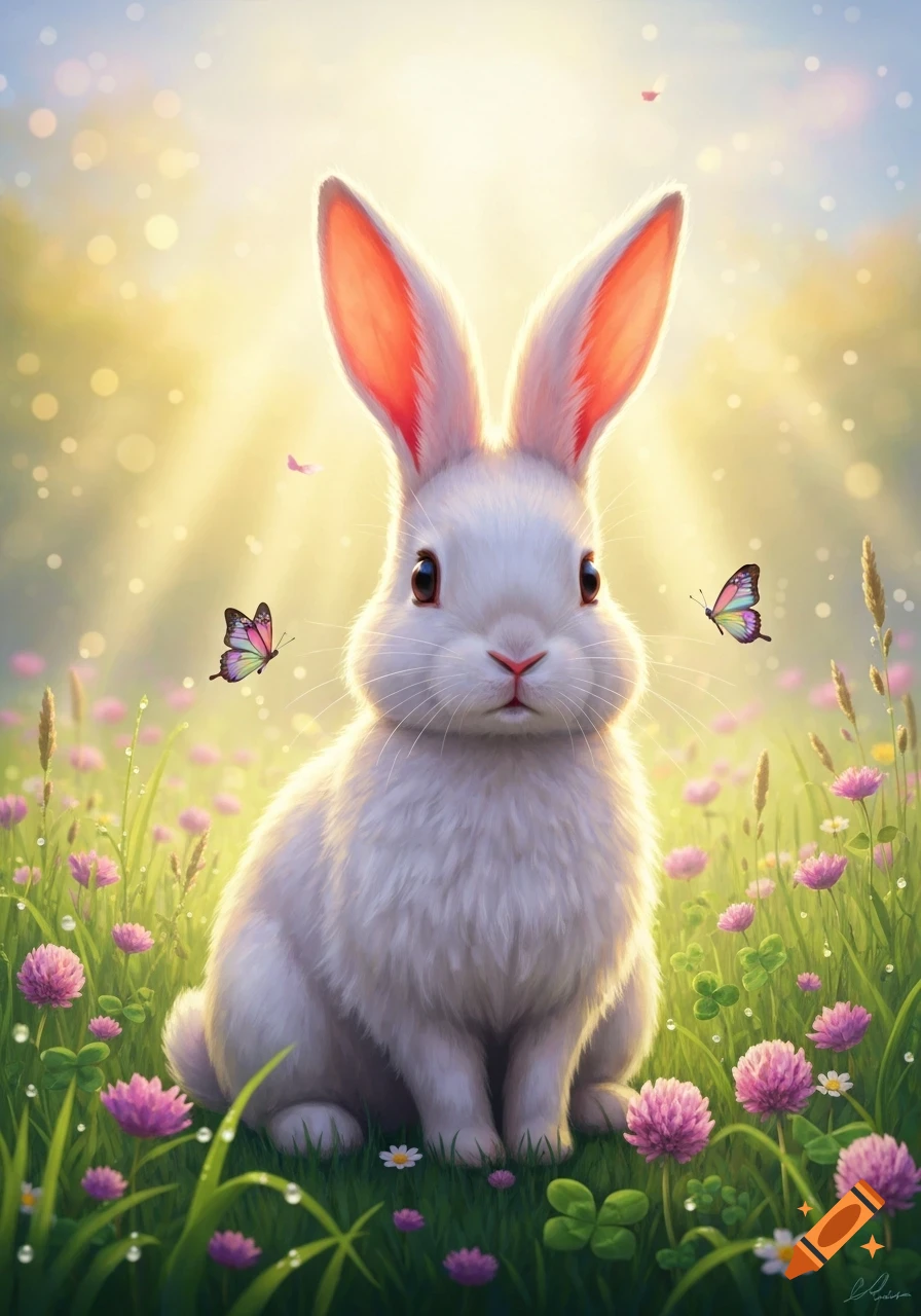 A fluffy white bunny sits in a sunlit field of green grass and pink clover flowers, with colorful butterflies fluttering nearby, digital painting.