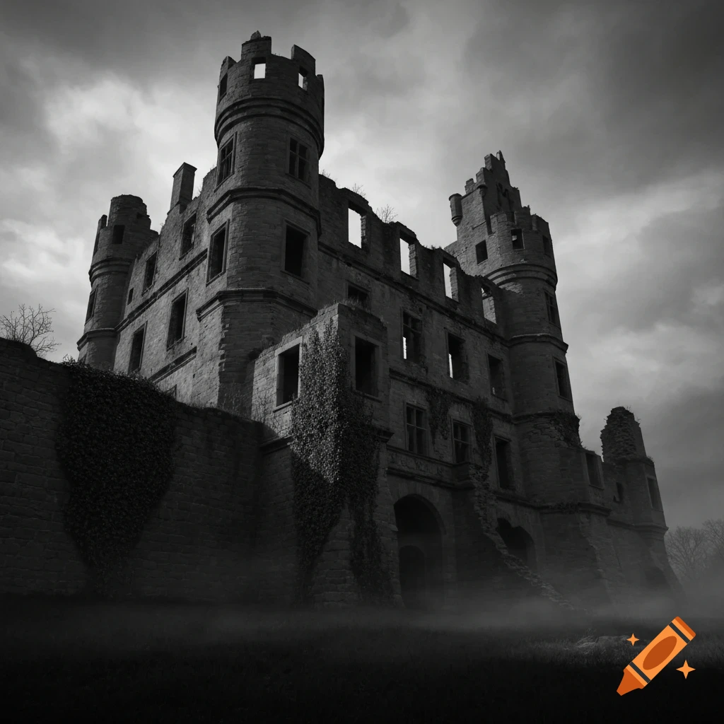 A low-angle, black and white shot of a crumbling gothic castle under a cloudy sky, with mist around its base.