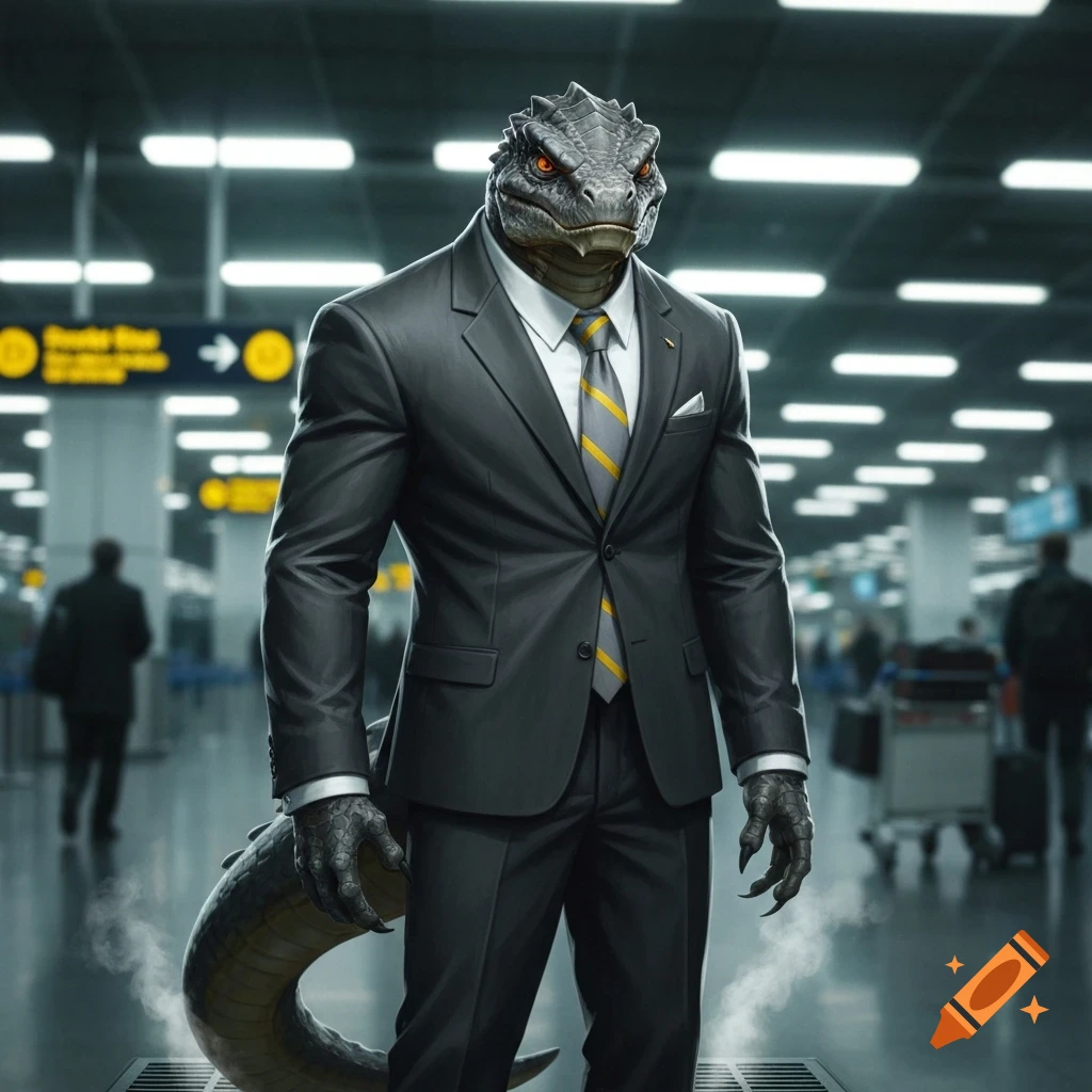 A photorealistic humanoid reptile in a dark grey suit and yellow-striped tie stands confidently in a brightly lit airport terminal.
