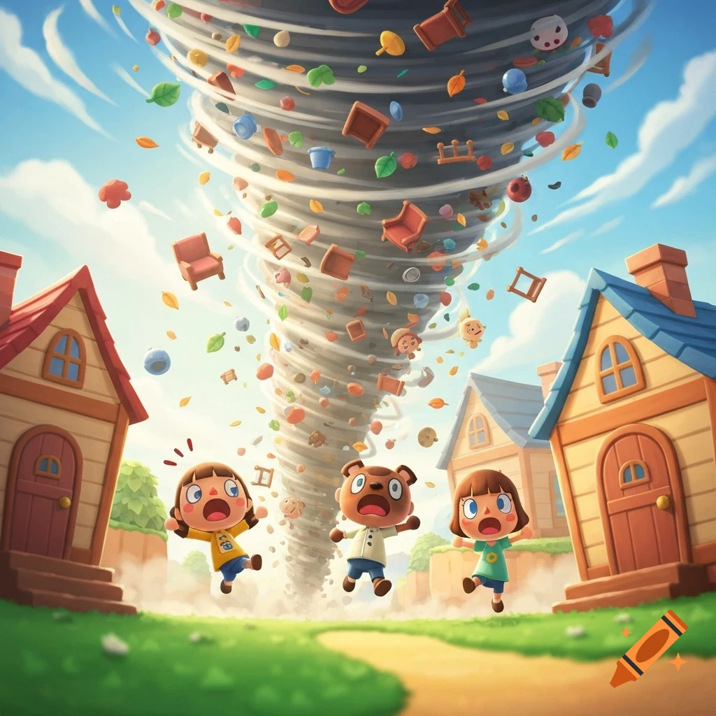 Animal Crossing villagers and a bear character look terrified as a tornado tears through their village, scattering furniture and leaves.