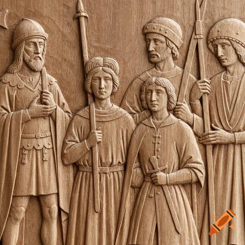 Detailed wood carving of several medieval figures in long robes, some holding staffs and one holding a sword.