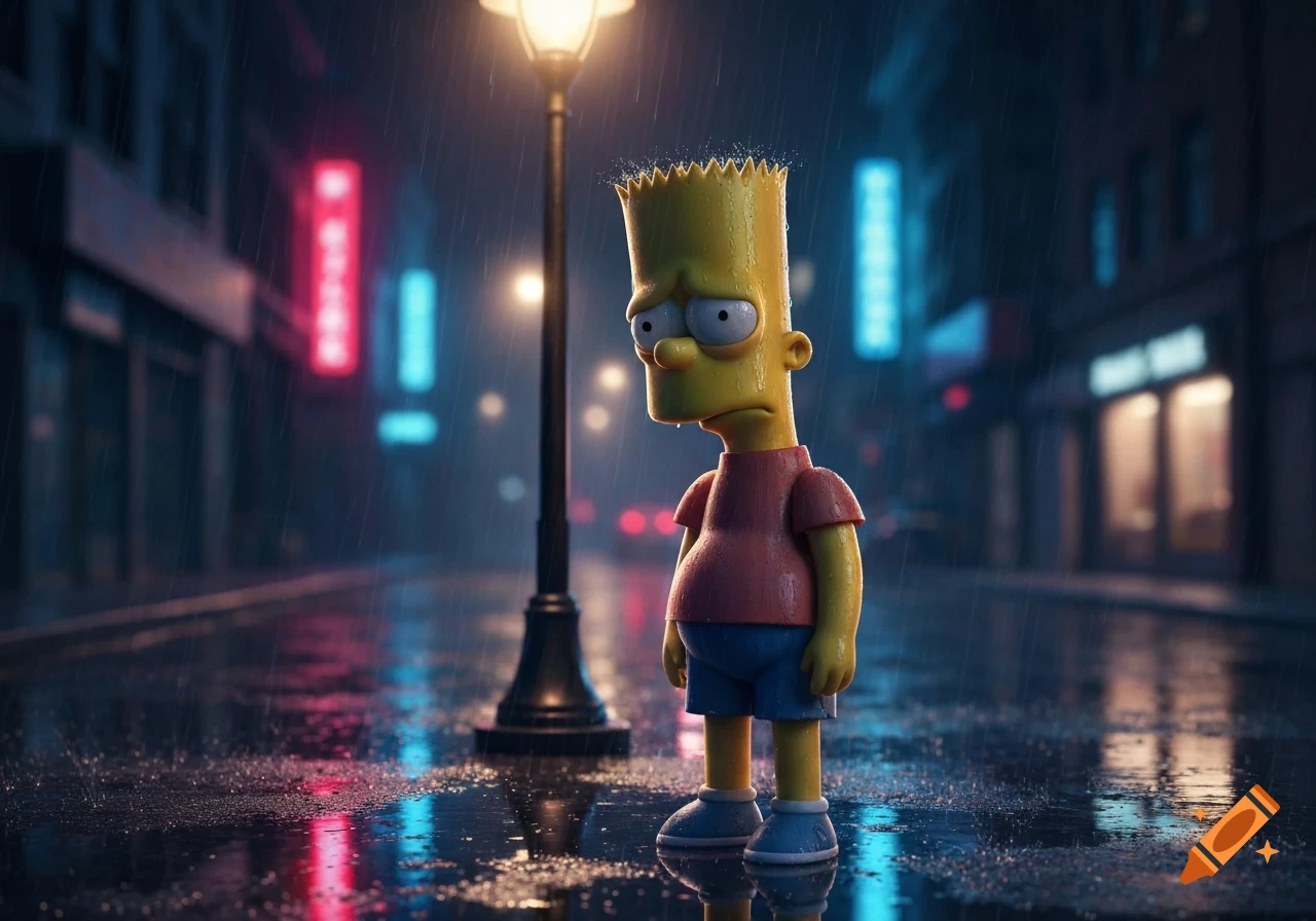 A sad, realistic 3D Bart Simpson stands under a streetlamp on a wet, rainy city street at night with neon reflections.