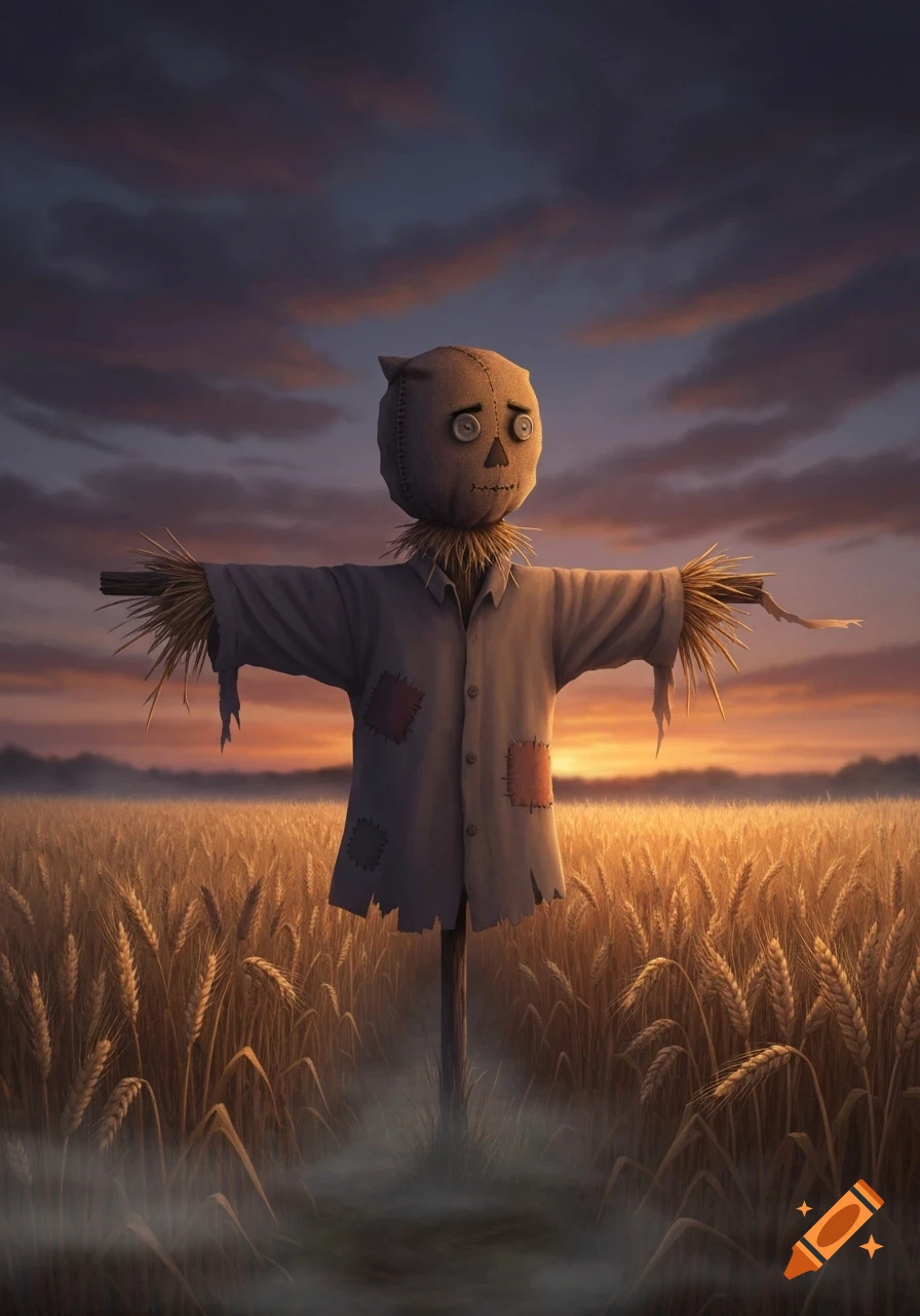 An illustrated scarecrow with button eyes stands in a golden wheat field under a dramatic sunset sky.