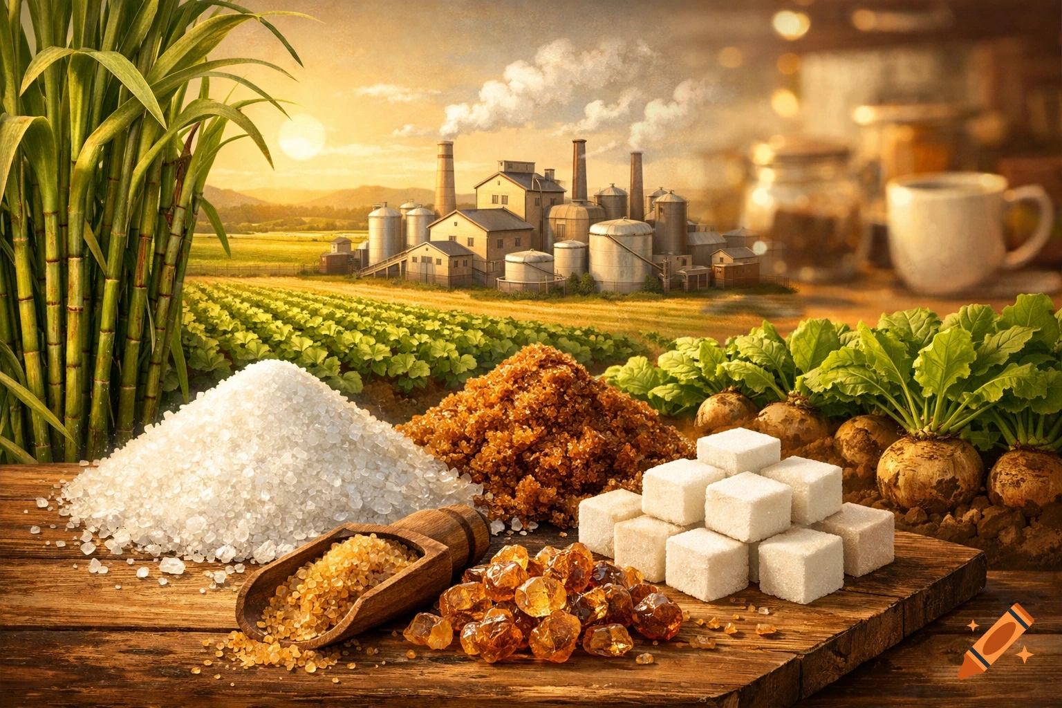 Photorealistic image of sugarcane, sugar beets, and a sugar factory, with piles of white, brown, cube, and rock sugar on a wooden table.