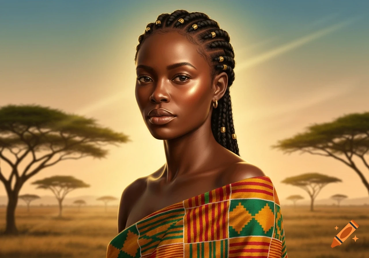 A beautiful Black woman with braided hair and golden beads, wearing a colorful Kente-like fabric, against an African savanna sunset.