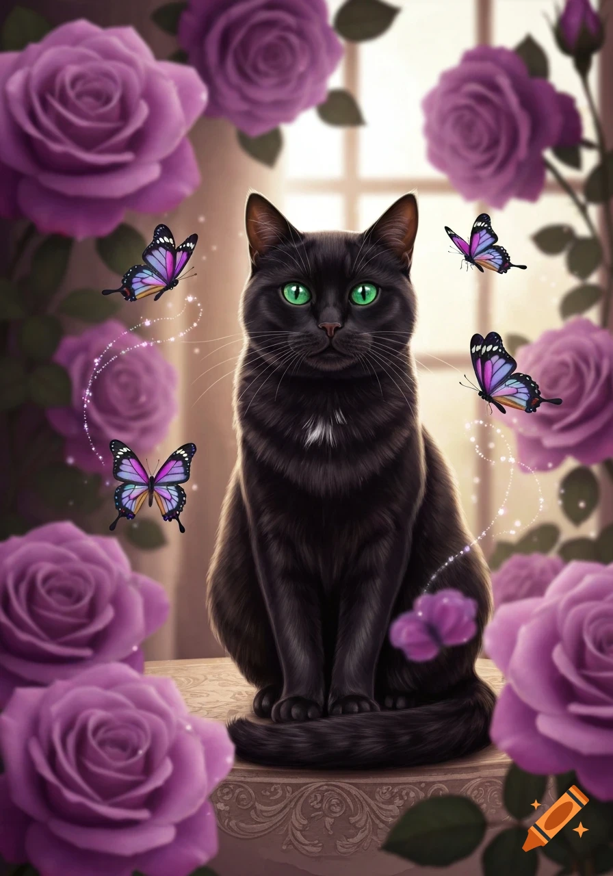 A black cat with vibrant green eyes sits amidst purple roses, surrounded by colorful butterflies with sparkling trails.