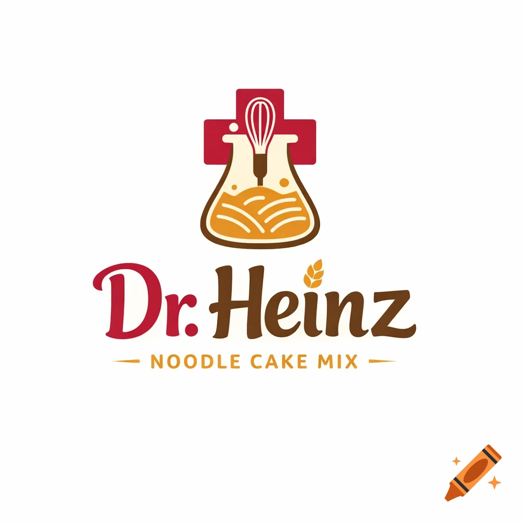 Logo for Dr. Heinz Noodle Cake Mix featuring a beaker with a whisk and a red cross symbol.