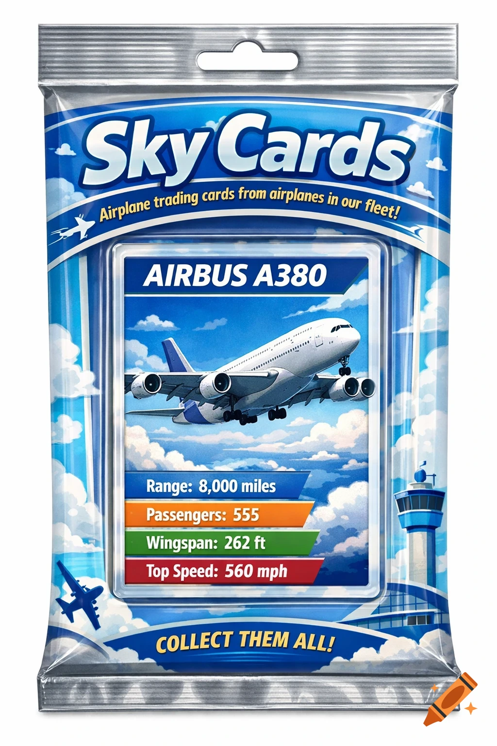 A 'Sky Cards' trading card package featuring an Airbus A380 with stats like range, passengers, wingspan, and top speed, against a blue sky.
