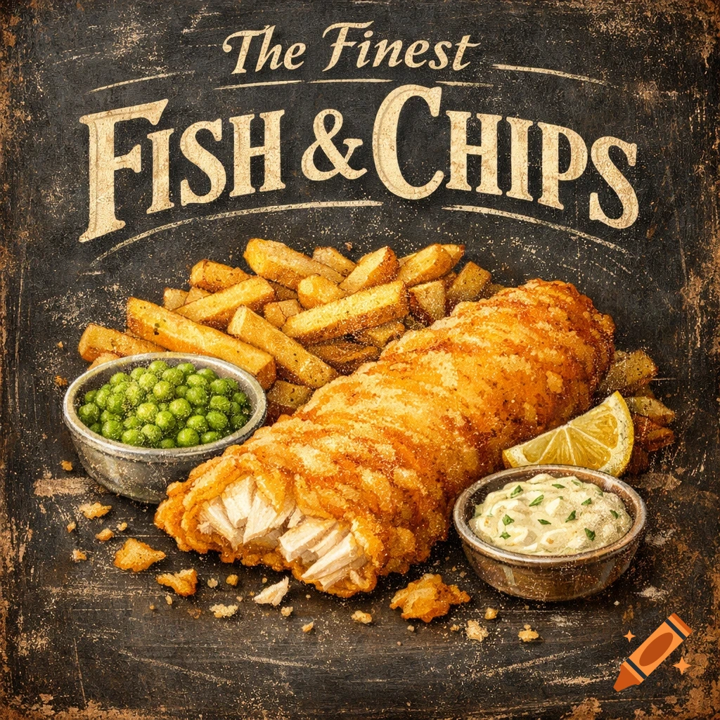 A vintage-style advert for fish and chips on a blackboard, served with peas, lemon, and tartare sauce.